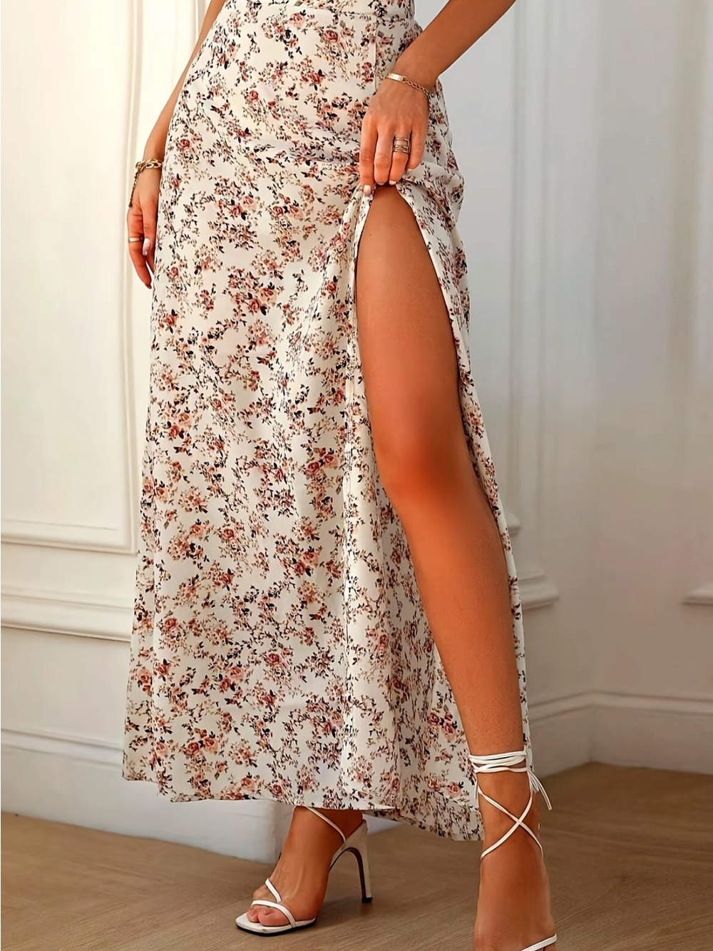 Ivory Floral Maxi Skirt with High Side Slit